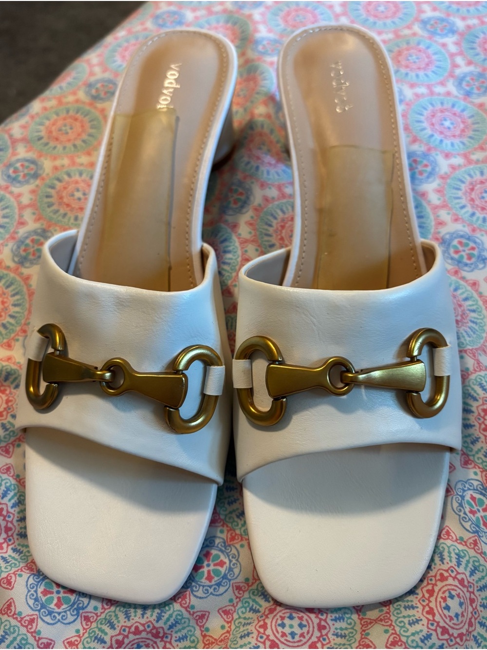 Vodbob White/Cream Slip-On Mule Sandals with Gold-tone Horsebit Hardware -  9